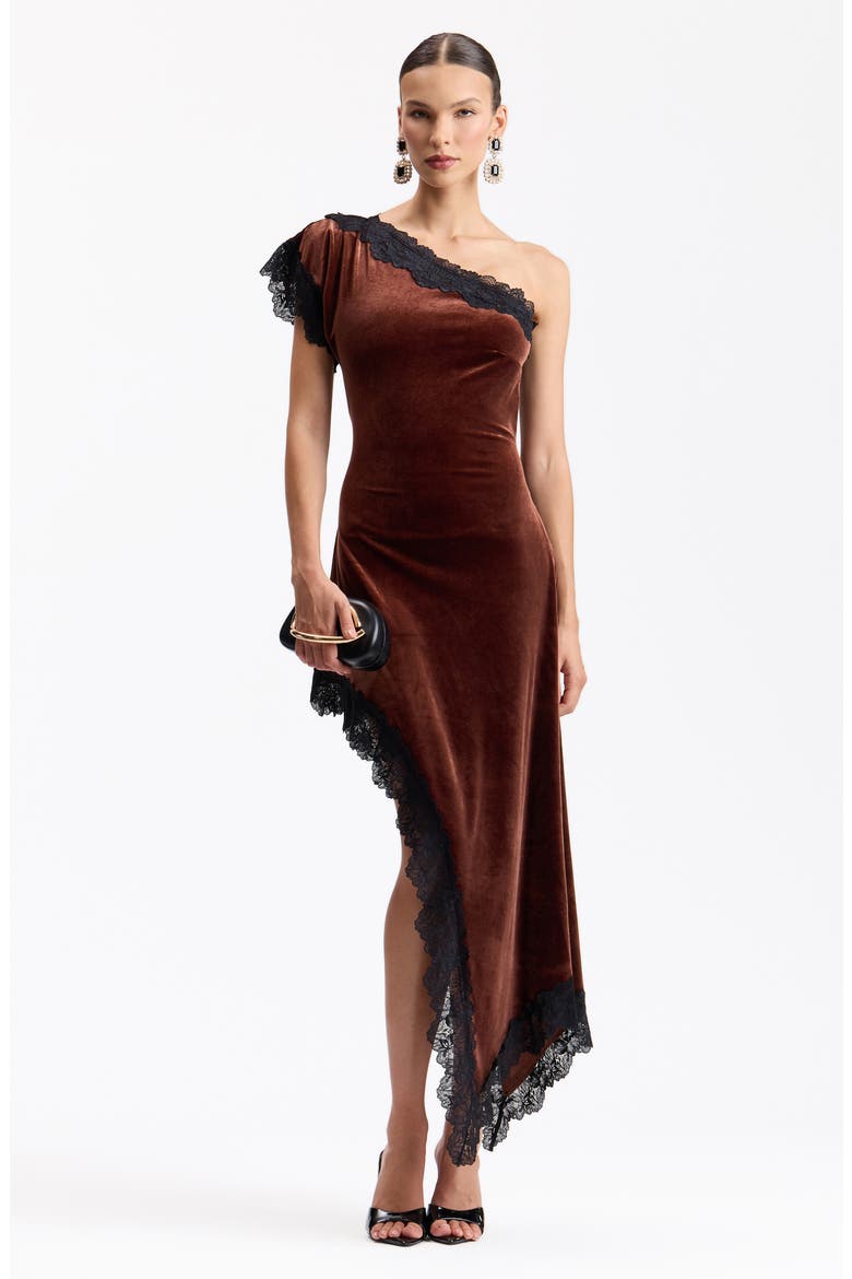 Lace & Velvet Asymmetric Dress, Alternate, color, CHOCOLATE