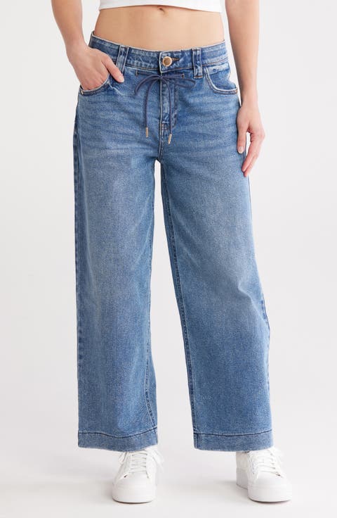 Drawstring Waist Crop Wide Leg Jeans