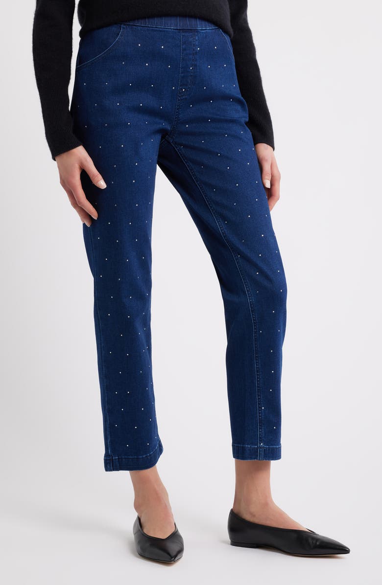 Hue Rhinestone Straight Leg Crop Denim Leggings, Main, color, Dk Rinse