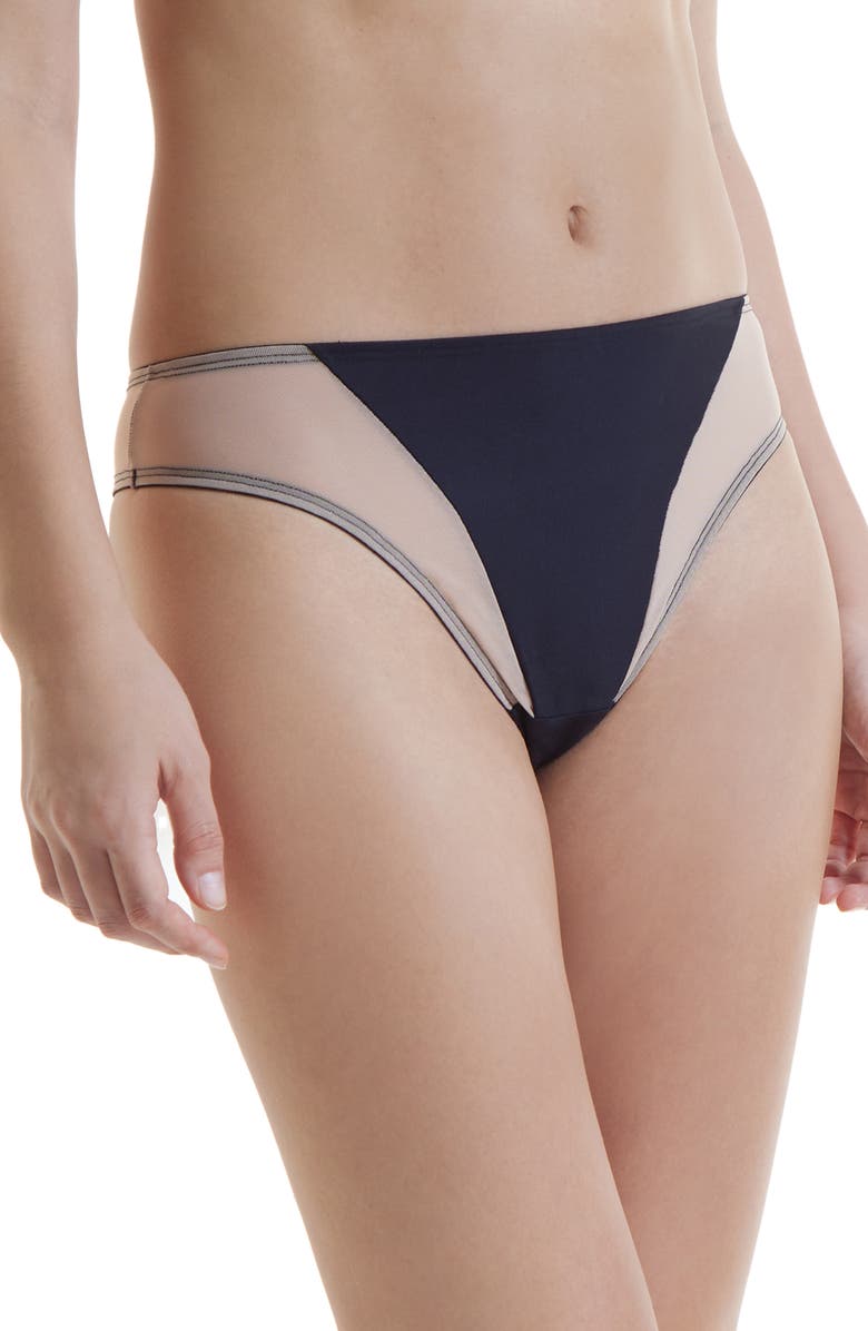 Hanky Panky Tease Cutout High Cut Thong, Main, color, Beige/ Black