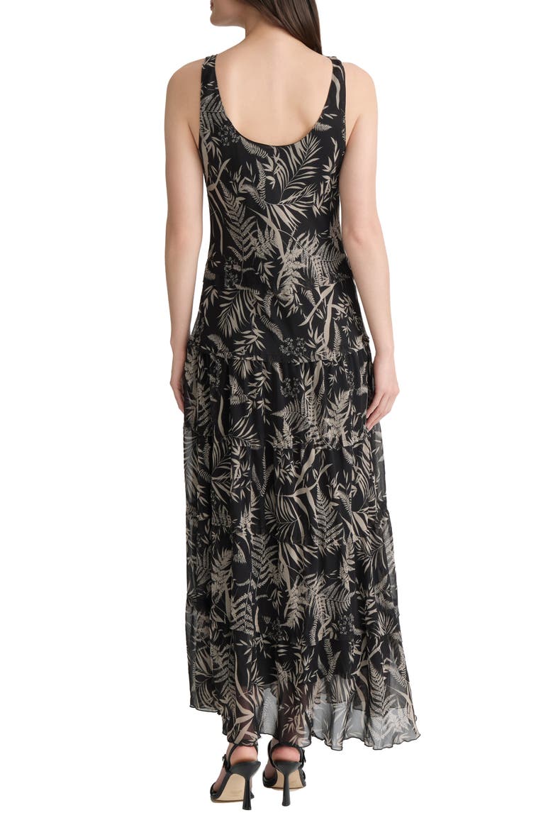 Botanical Print Chiffon Tiered Maxi Dress, Alternate, color, JONES BLACK / JONES KHAKI