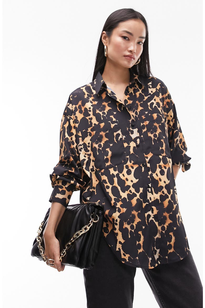Oversize Animal Print Button-Up Shirt, Main, color, BLACK MULTI