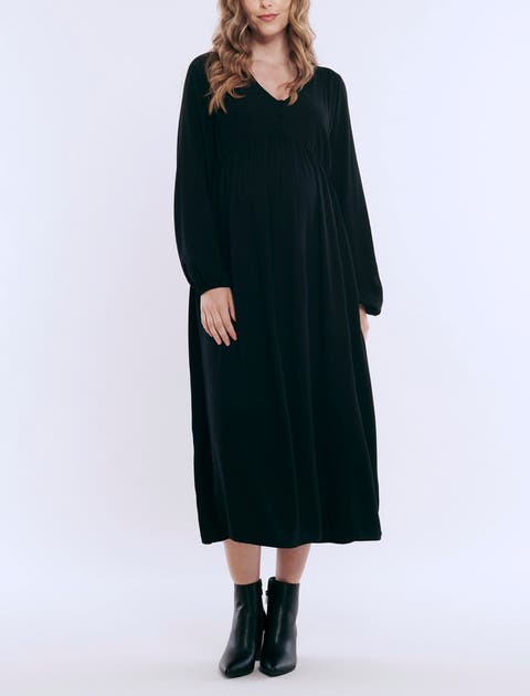 Long Sleeve Button Front Maternity Midi Dress