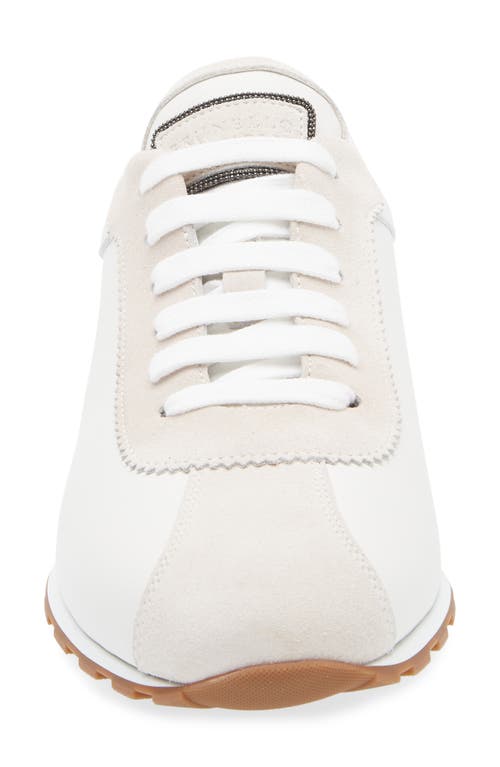 Brunello Cucinelli Embellished Suede-trimmed Stretch-knit Sneakers In C159 Bianco