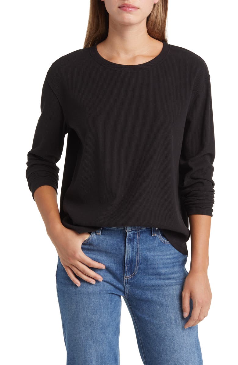 Caslon<sup>®</sup> Pleat Black Long Sleeve Rib Top, Main, color,