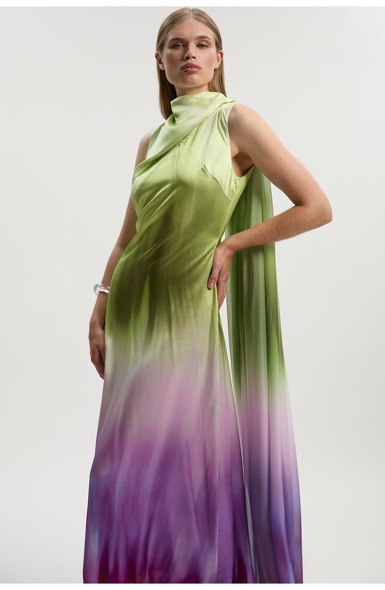 Karen Millen Ombre Satin Cape Midi Dress, Alternate, color, Multi