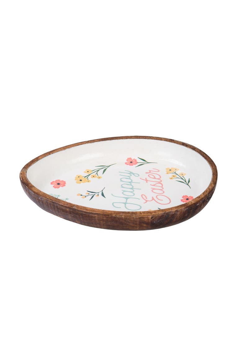 Happy Easter Flowers Wood Egg Shaped Serving Plate 8.66", Alternate, color, Pink