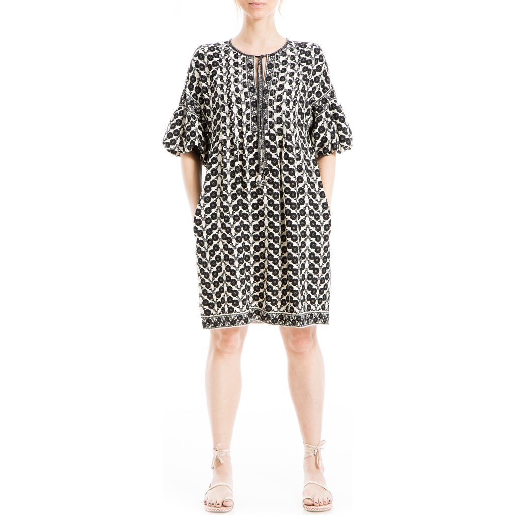 Max Studio Floral Puff Sleeve Shift Dress In Crm/blk Linum Flrl
