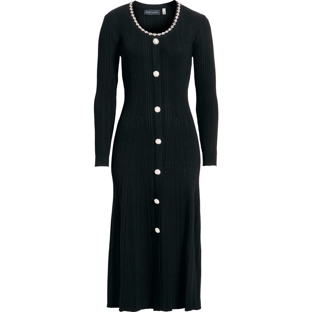 Elie Tahari The Emmie Rhinestone Detail Long Sleeve Knit Dress In Black