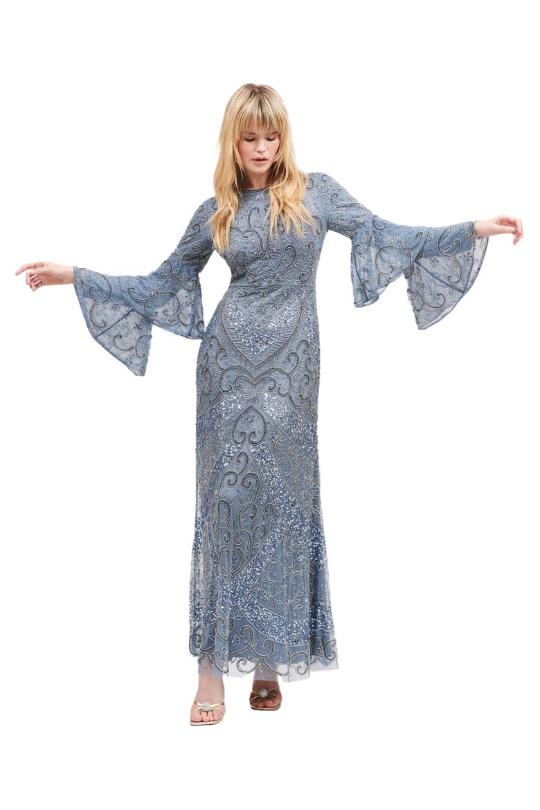 Occasion Modest Embellished Sequin Beaded Double Sleeves Evening Maxi Dress, Alternate, color, POWDER BLUE