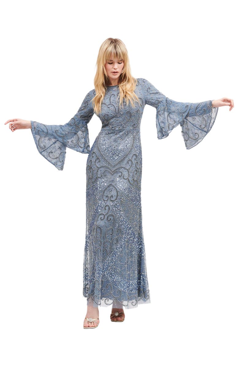 MARYISA Occasion Modest Embellished Sequin Beaded Double Sleeves Evening Maxi Dress, Alternate, color, Powder Blue