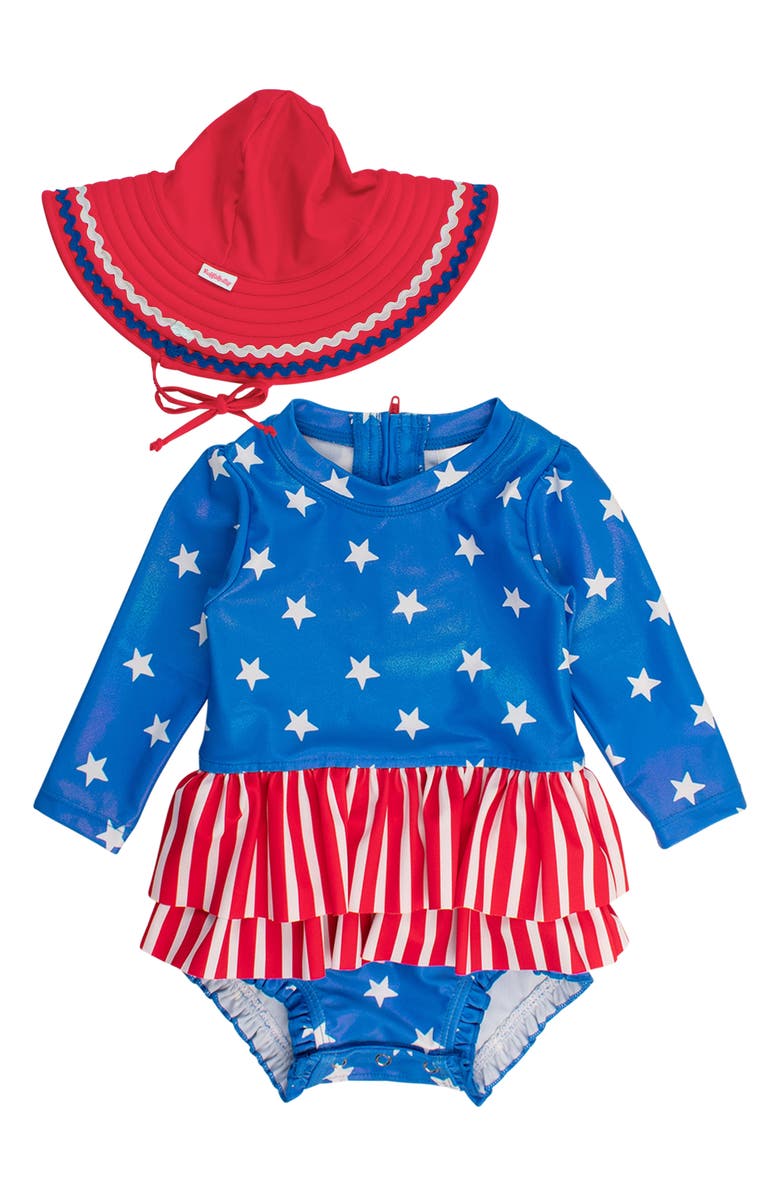 RuffleButts Star Stripes One-Piece Rashguard Swimsuit & Hat Set, Main, color, 