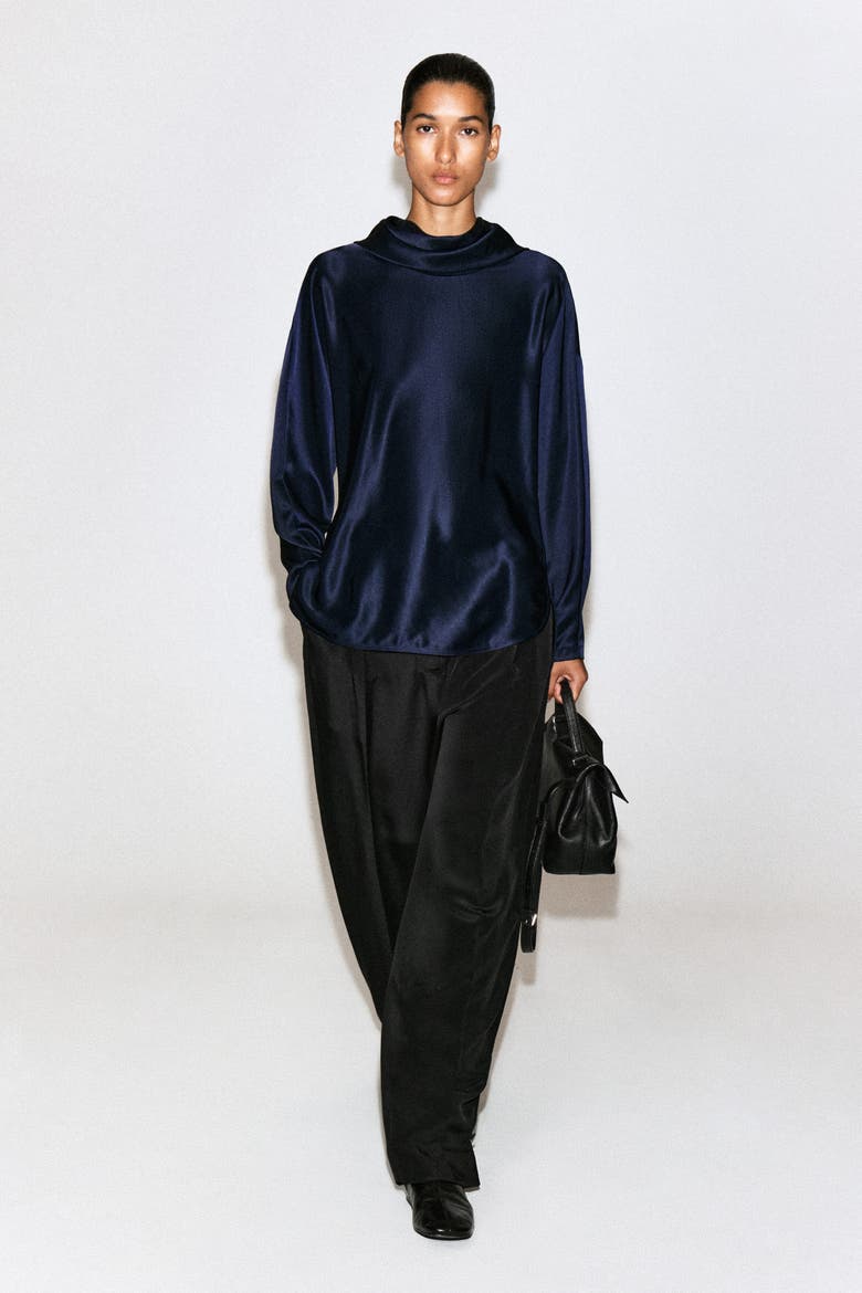 Cowl-neck Satin Blouse, Alternate, color, MIDNIGHT BLUE