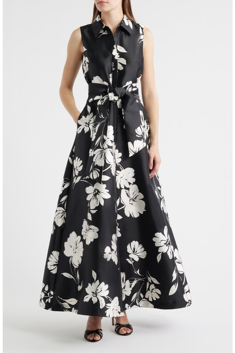 Floral Sleeveless Shirtdress Gown, Main, color, BLACK WHITE