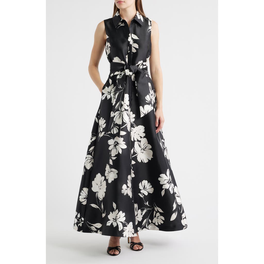 Julia Jordan Floral Sleeveless Shirtdress Gown In Black