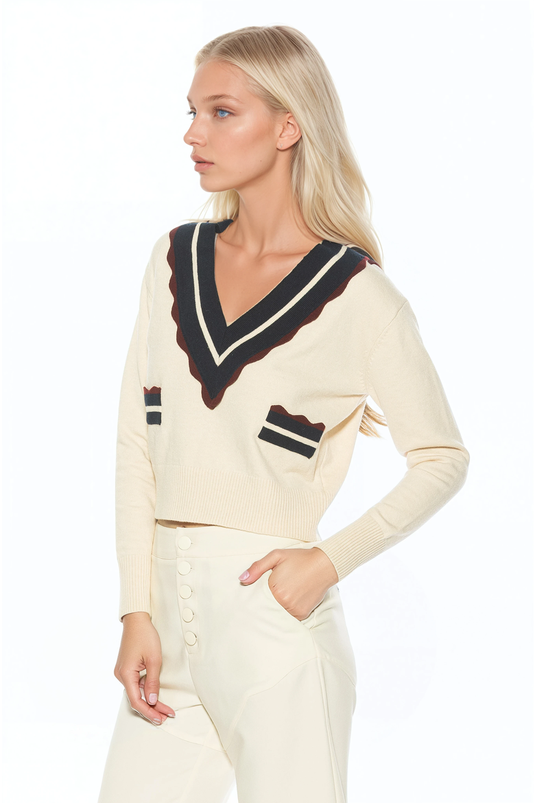 Arden Deep V Contrast Trim Cardigan, Alternate, color, Ivory