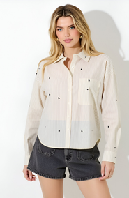 Modenaire Striped Button-Up Shirt with Embroidered Hearts and Chest Pocket Detail