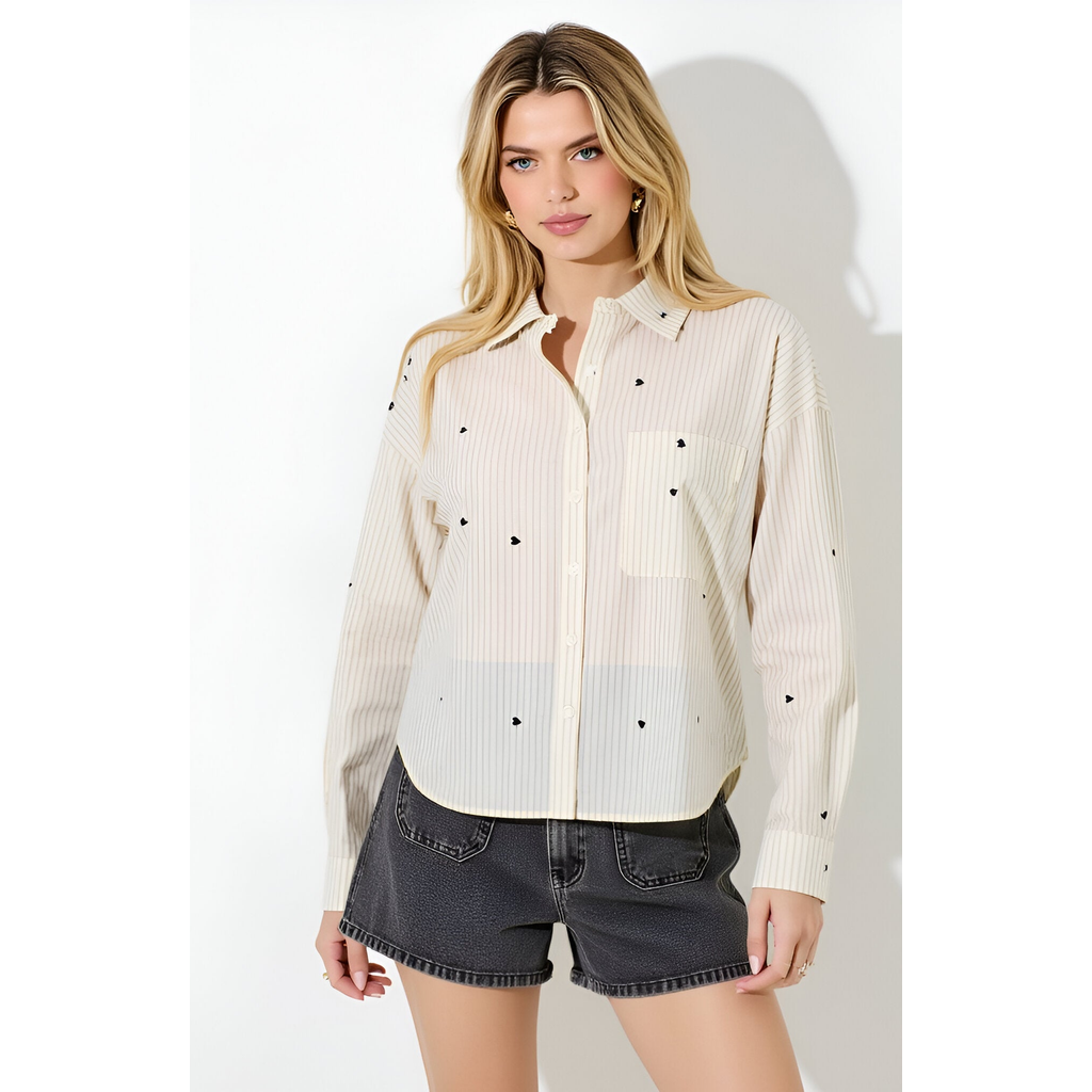 Modenaire Striped Button-up Shirt With Embroidered Hearts And Chest Pocket Detail In Neutral