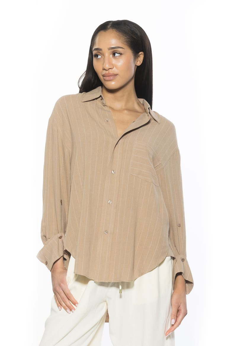 Amber Stripe High-Low Button-Up Shirt, Alternate, color, BEIGE STRIPE