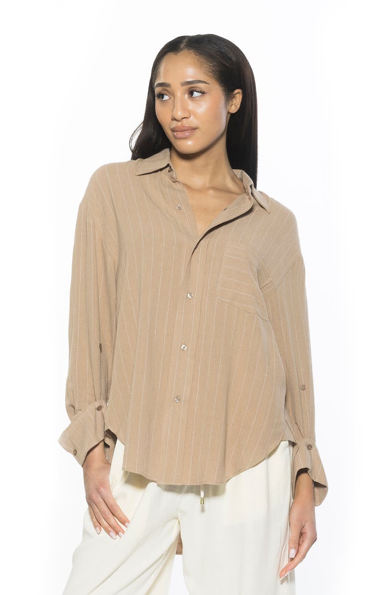 Alexia Admor Amber Stripe High-Low Button-Up Shirt, Alternate, color, Beige Stripe