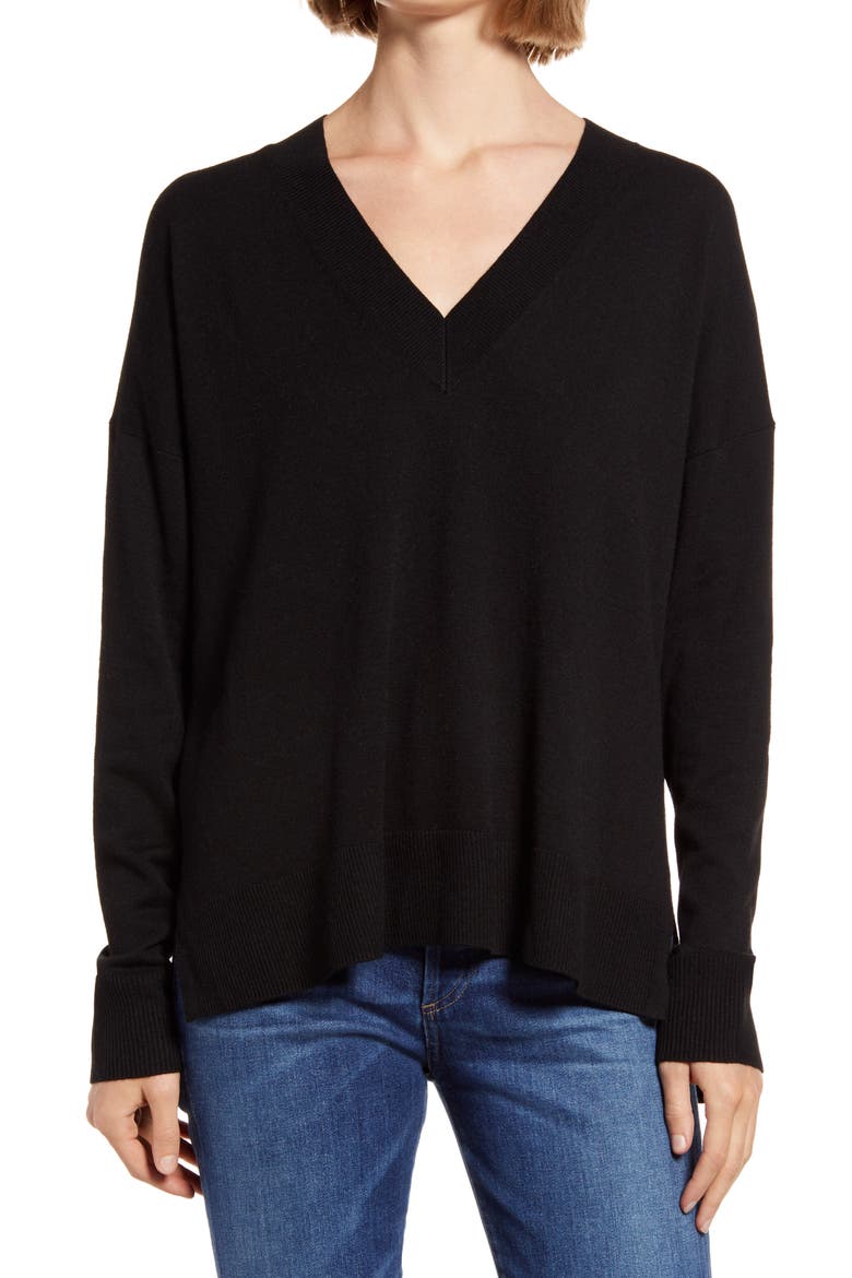 Oversize V-Neck High/Low Sweater, Main, color, BLACK