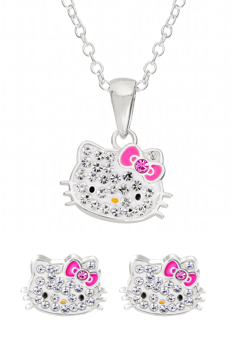 x Hello Kitty® Pendant Necklace & Stud Earrings Set, Main, color, PINK AND SILVER