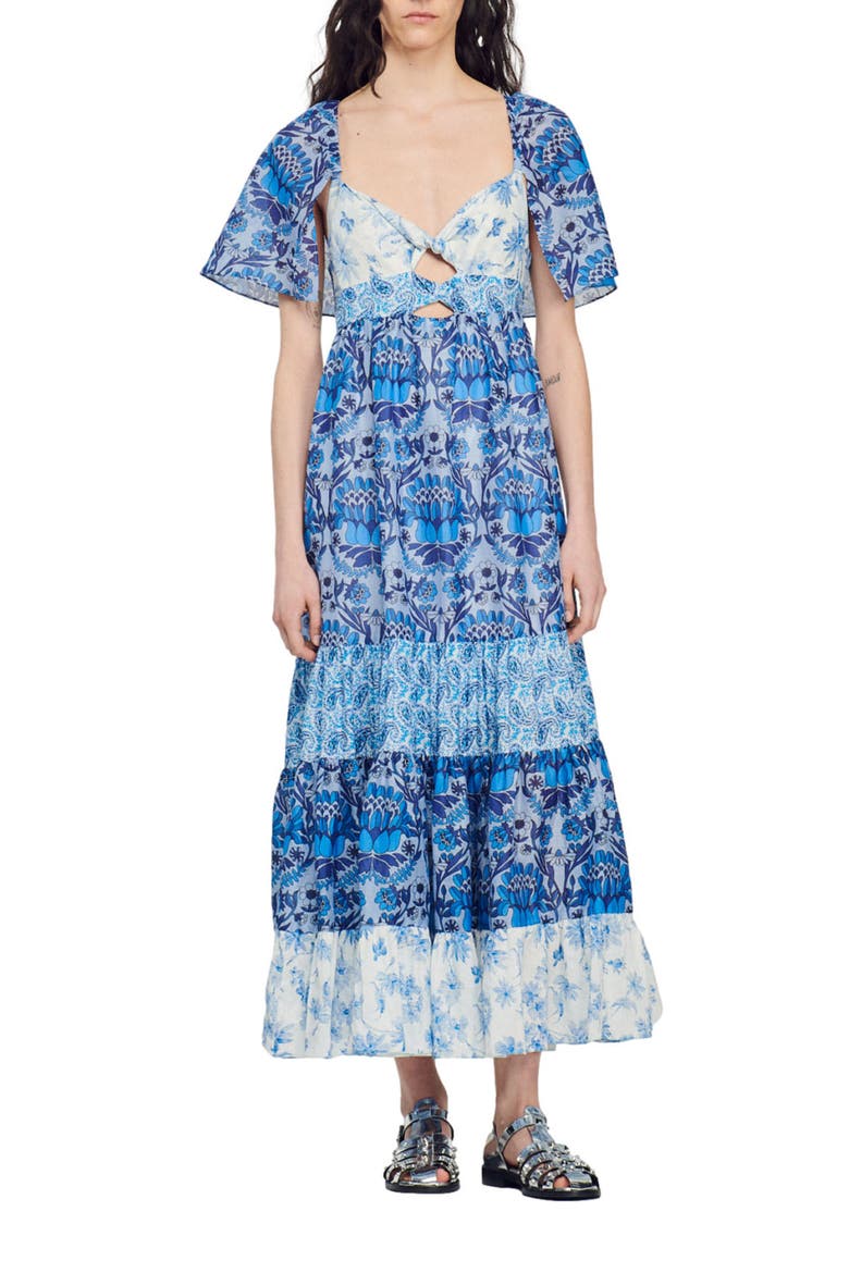 Short Sleeve Tiered Linen Blend Maxi Dress, Main, color, BLEU