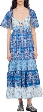 SANDRO Short Sleeve Tiered Linen Blend Maxi Dress