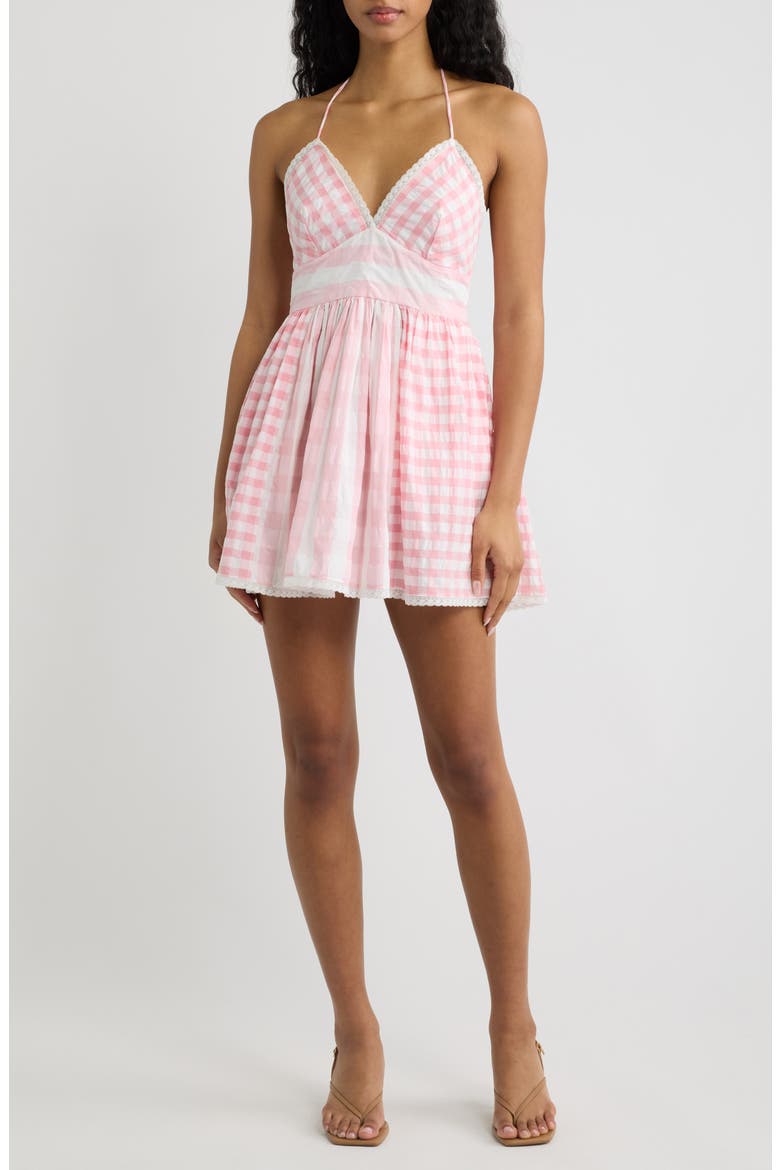 Arletta Gingham Halter Minidress, Main, color, WATERMELON WAVES
