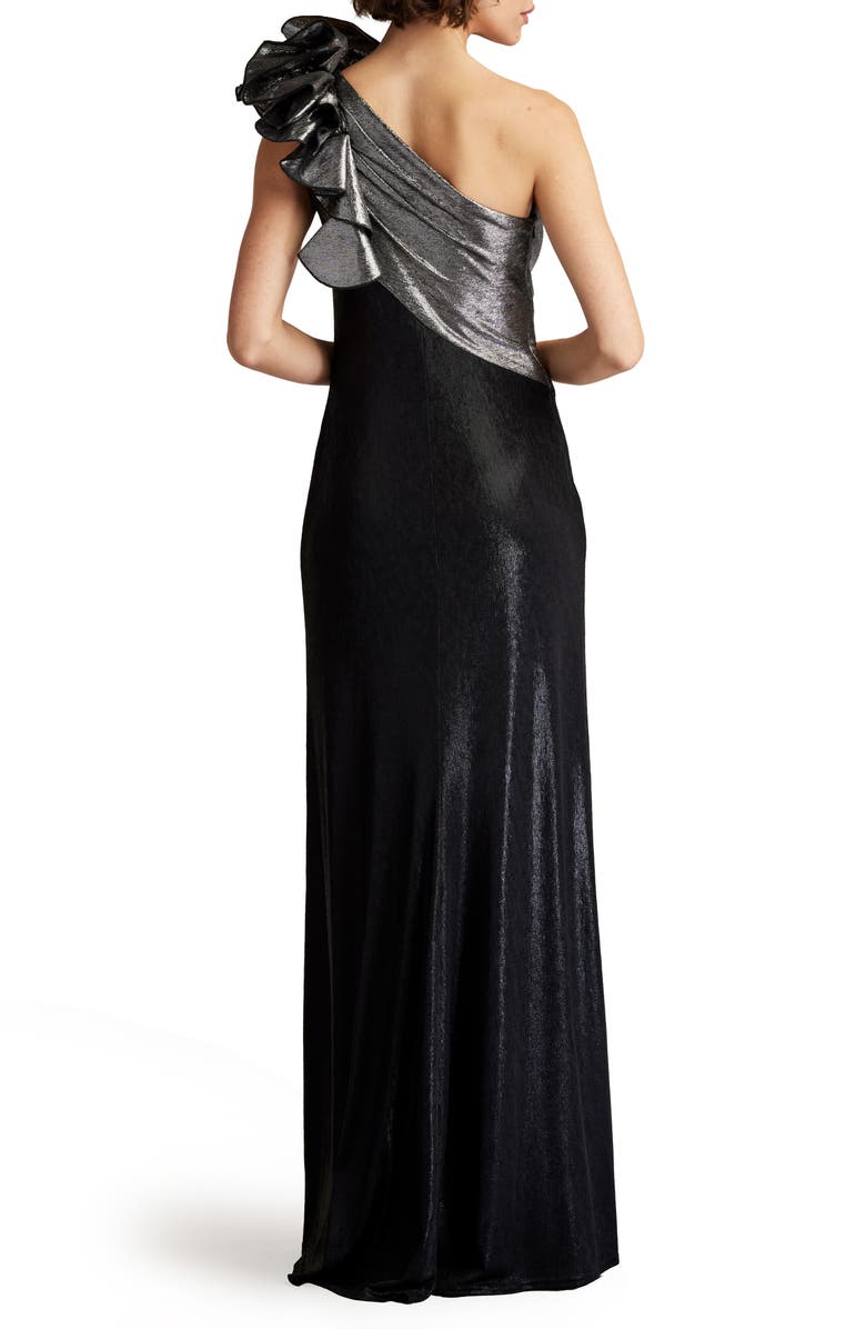 Tadashi Shoji Rosette Detail One-Shoulder Metallic & Satin Gown, Alternate, color, 