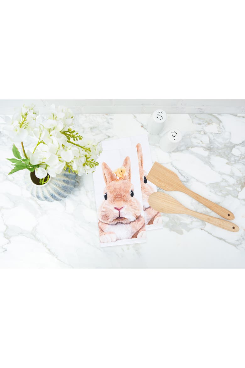 Bunny Rabbit & Duckling Easter Spring Theme Printed Flour Sack Kitchen Dishtowel, Alternate, color, White