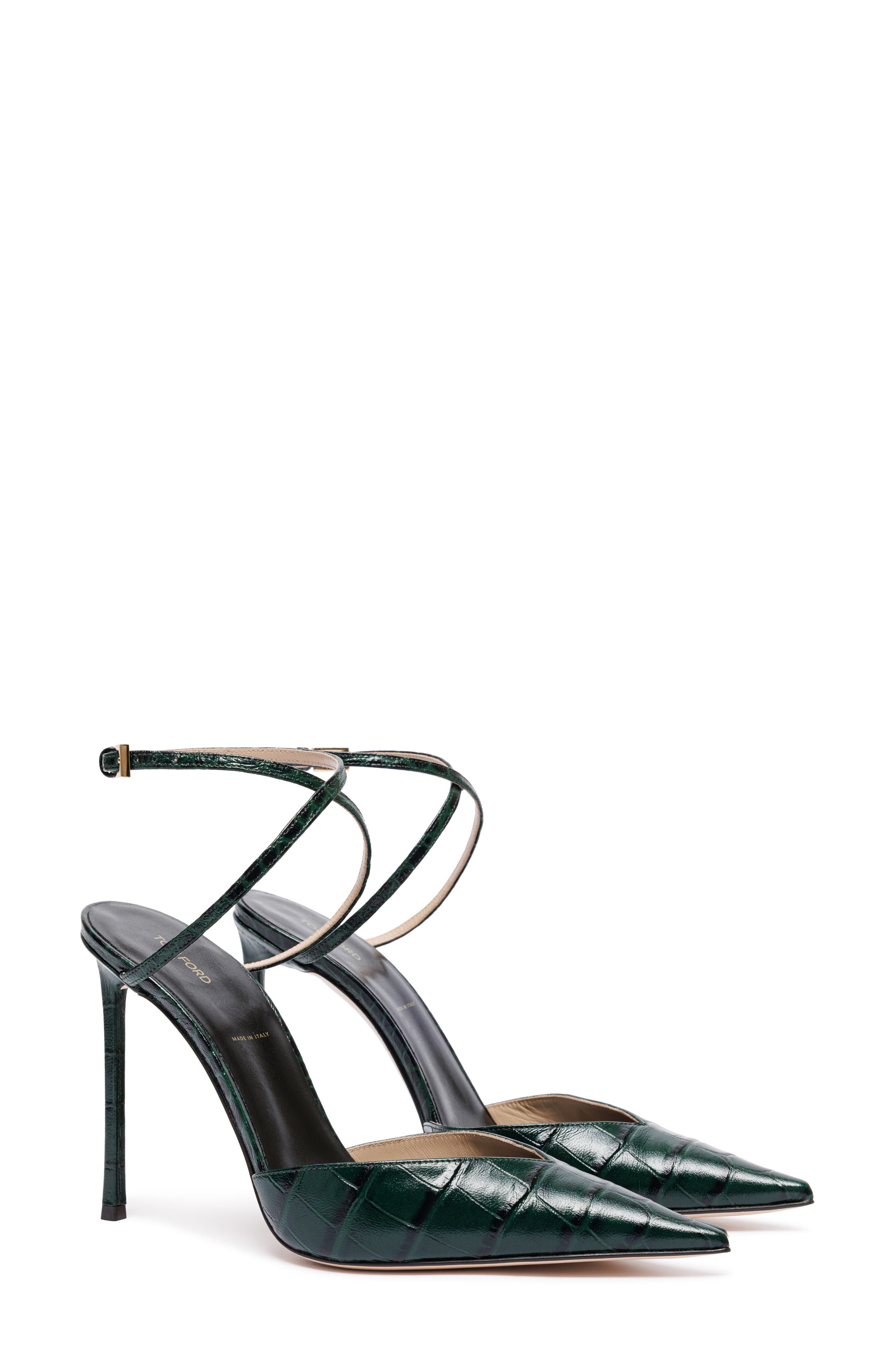Selen Croc Embossed Leather Ankle Strap Pump, Main, color, EMERALD GREEN
