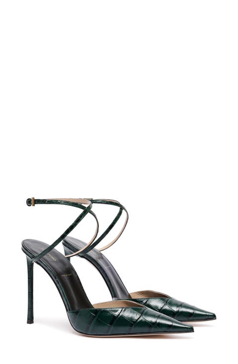 Selen Croc Embossed Leather Ankle Strap Pump