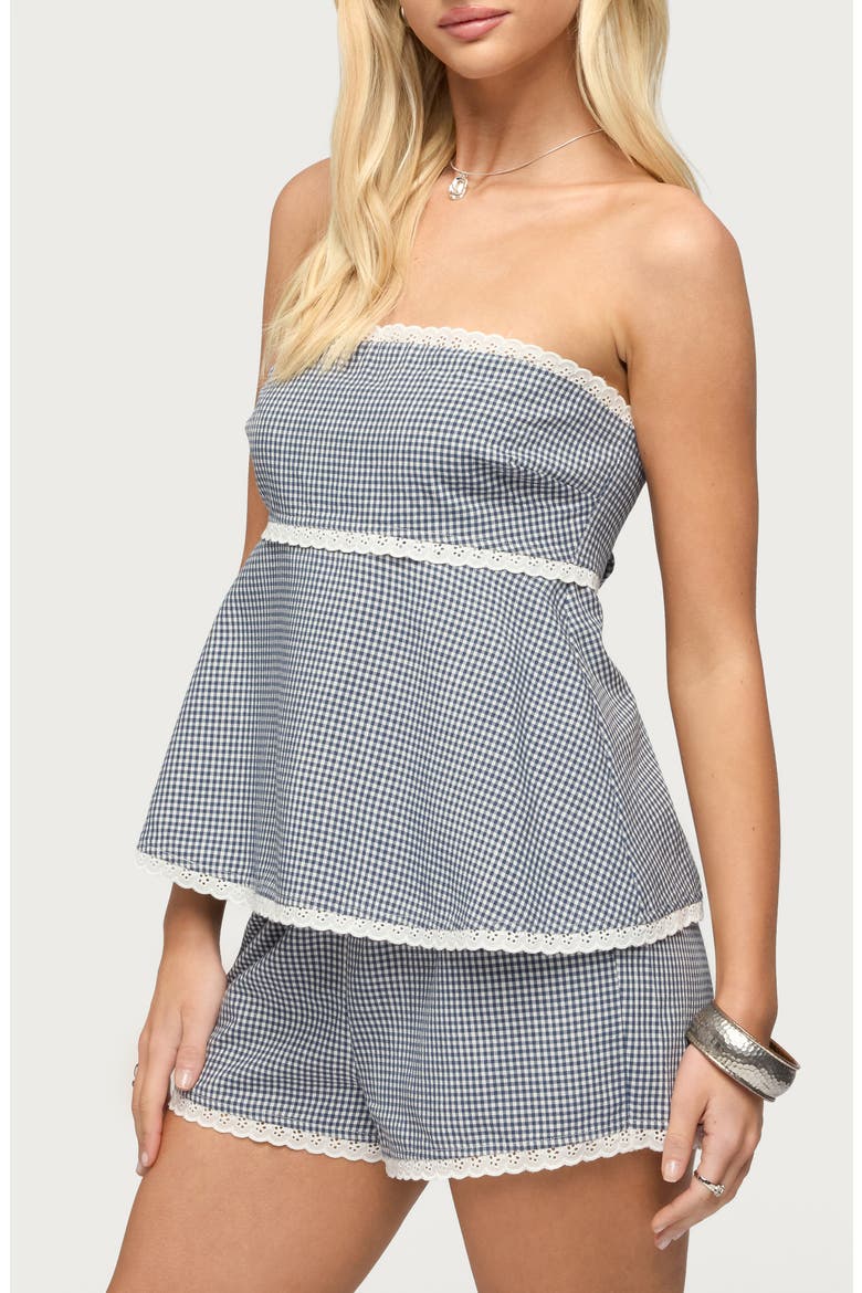 Ellie Lace Gingham Strapless Top, Alternate, color, WHITE-AND-NAVY