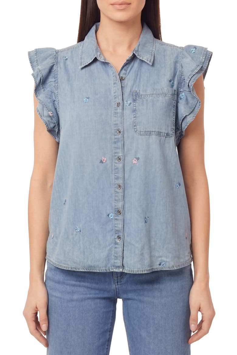 Denim Double Flutter Sleeve Button Front Top, Main, color, LOGAN
