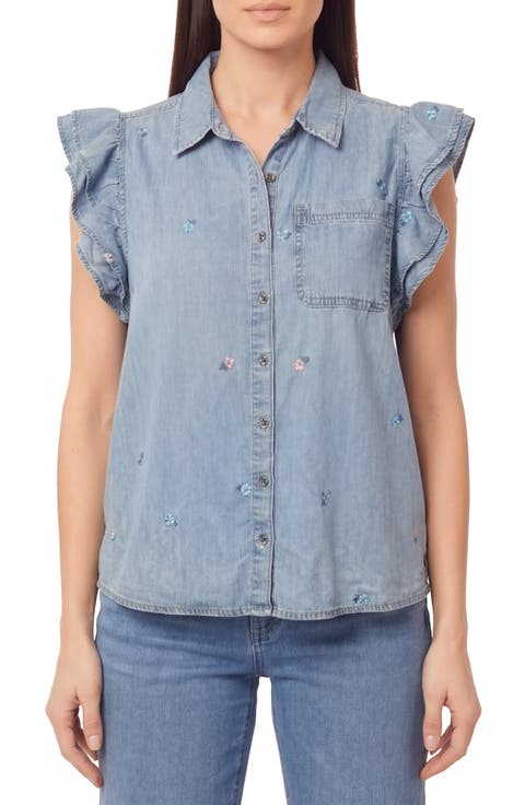 Denim Double Flutter Sleeve Button Front Top