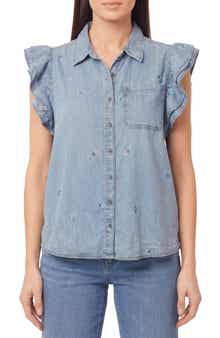 Kensie Denim Double Flutter Sleeve Button Front Top