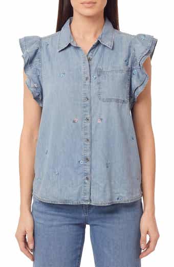 Kensie Denim Double Flutter Sleeve Button Front Top