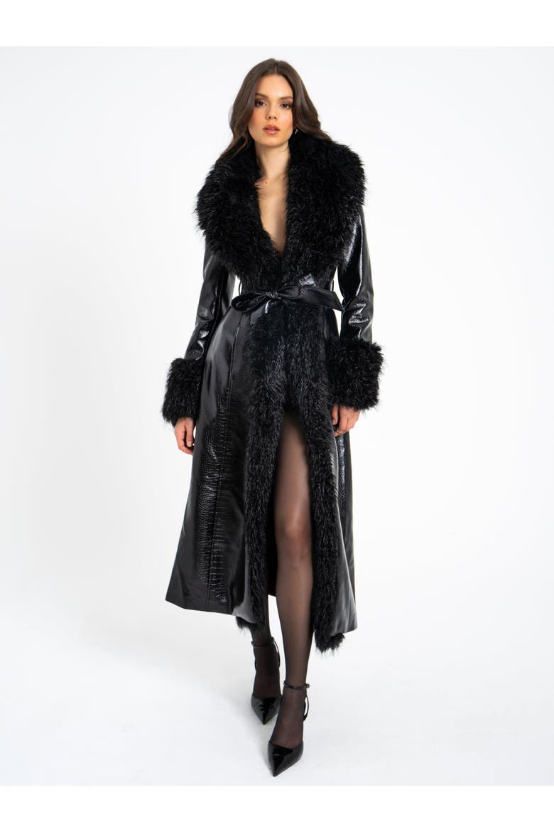 Zella Longline Vegan Croc Leather Coat with Fur Trim, Alternate, color, Black