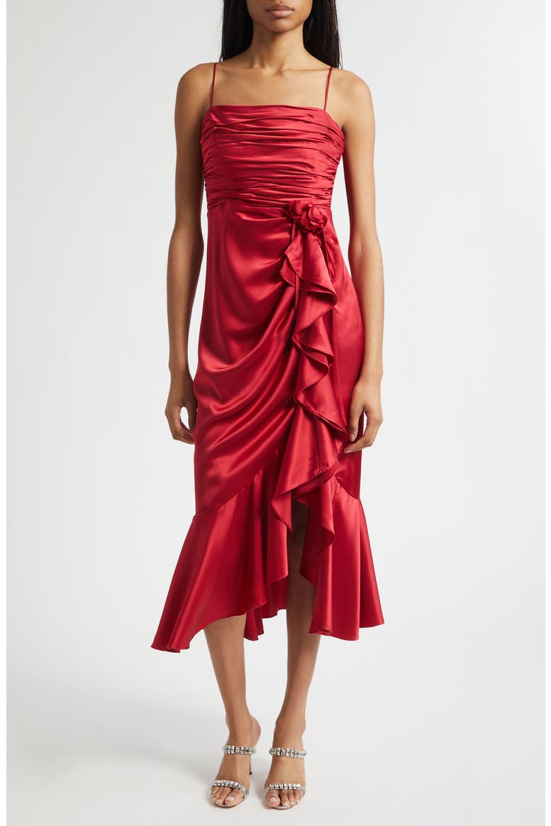 Mireya Ruched Ruffle Sleeveless Silk Maxi Dress, Main, color, CHERRY ROSE