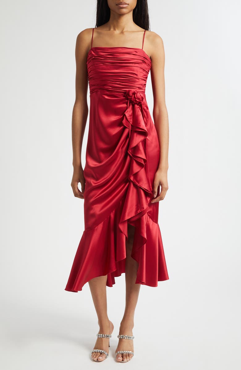 Cinq à Sept Mireya Ruched Ruffle Sleeveless Silk Maxi Dress, Main, color, Cherry Rose