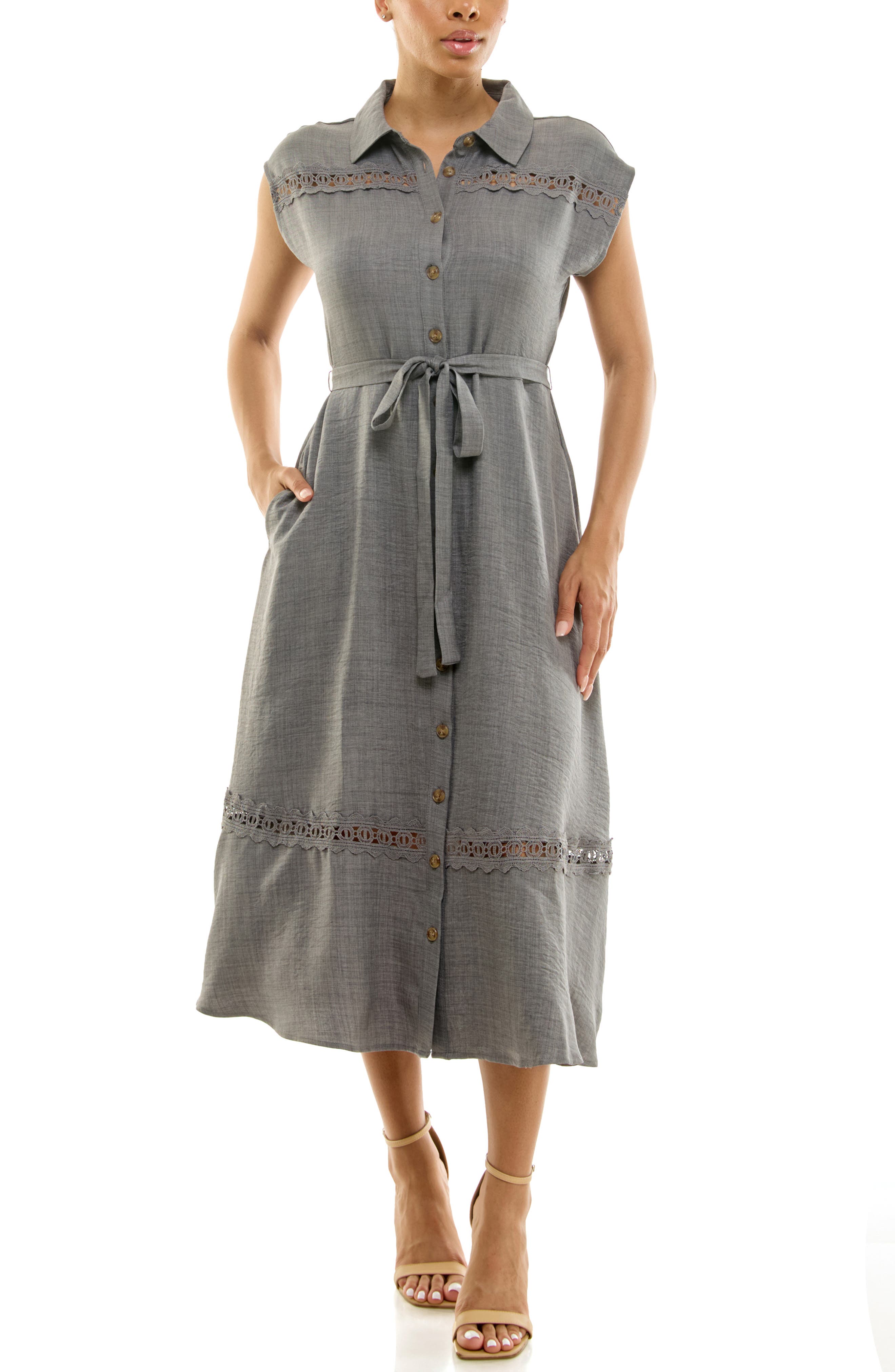 Nina Leonard Cap Sleeve Lace Trim Midi Shirtdress