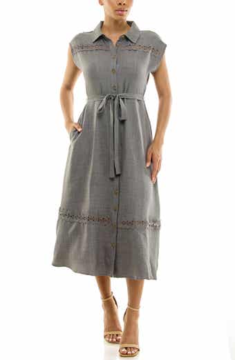 Nina Leonard Cap Sleeve Lace Trim Midi Shirtdress