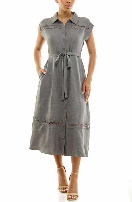 Nina Leonard Cap Sleeve Lace Trim Midi Shirtdress
