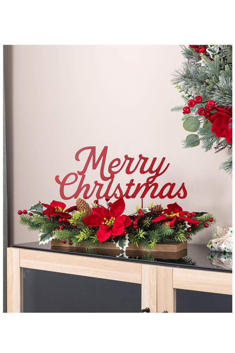 24"L Metal Merry Christmas Poinsettia Table Centerpiece, Alternate, color, Red