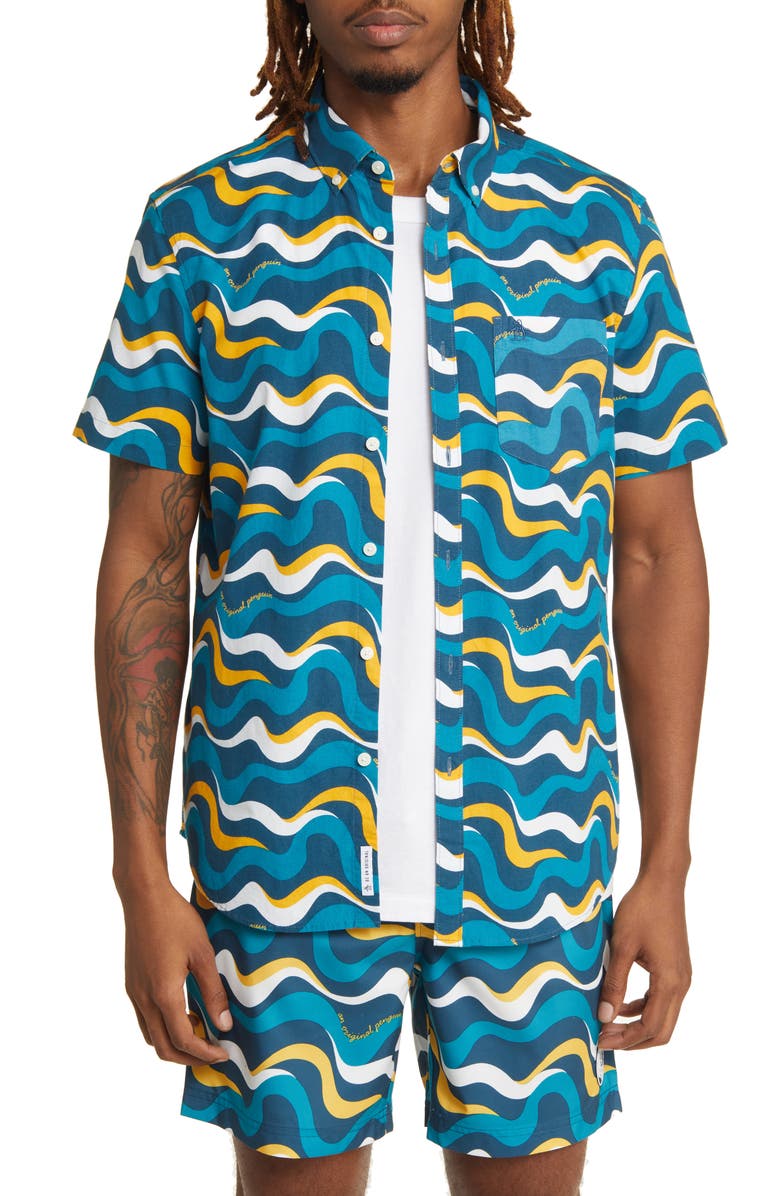 Original Penguin Wavy Print Short Sleeve Button-Down Shirt, Main, color, 