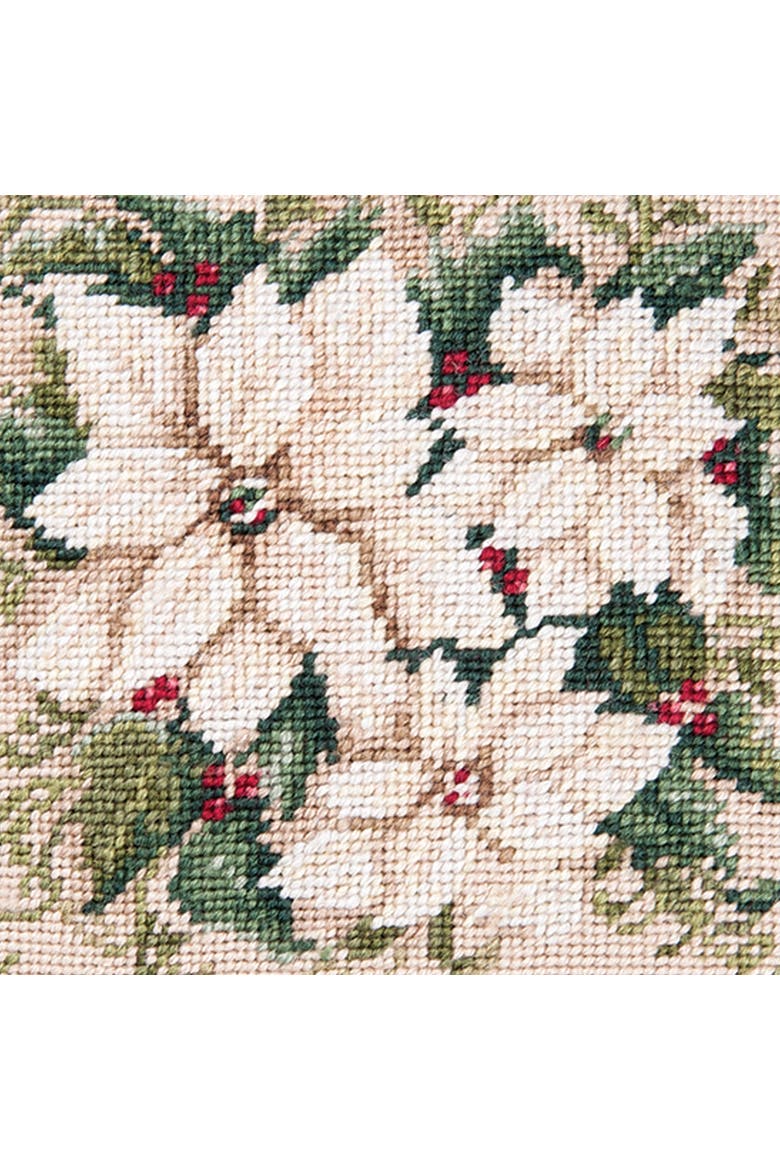 White Poinsettia Needlepoint Pillow, 14" x 14", Alternate, color, Off-White