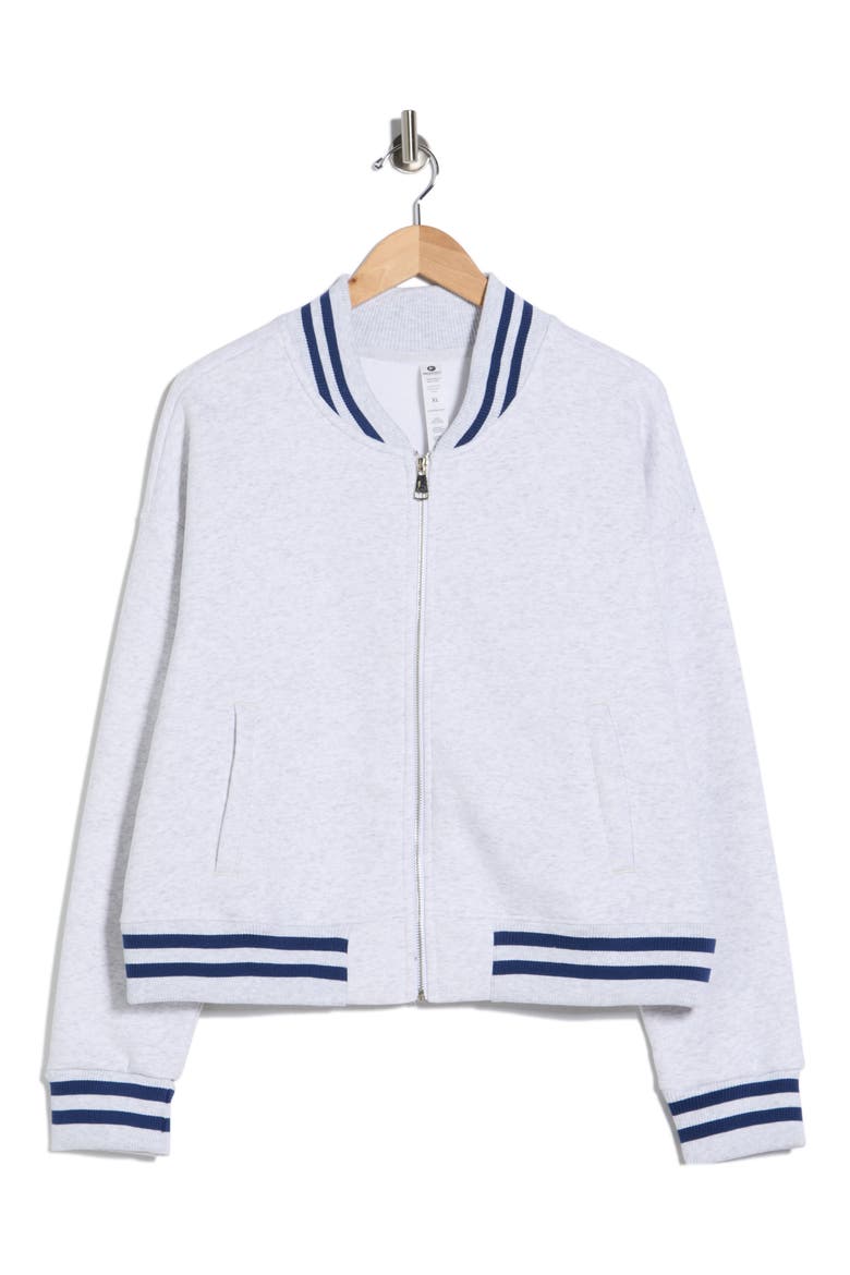Silicone Varsity Stripe Fleece Zip Jacket, Main, color, HEATHER LIGHT GREY/ NAVY