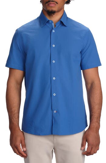 Studio Garnet Los Angeles Seaside Short Sleeve Cotton Seersucker Button-up Shirt In Navy