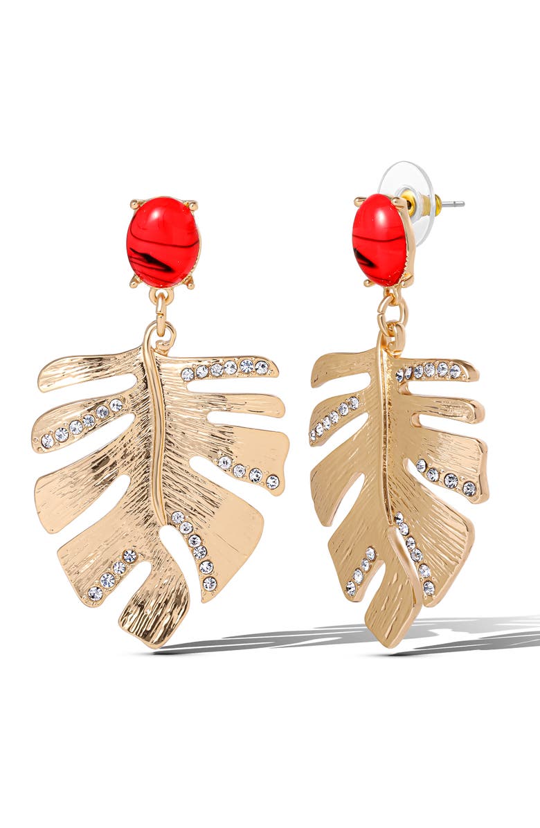 Jessica Simpson Gold-Tone Tropical Leaf Drop Earrings with Red Accents, Statement Earrings with Crystal Detailing, Alternate, color, Gold